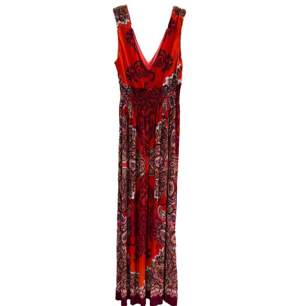 Bisou Bisou Sleeveless Beaded Shoulder Paisely Print Spandex Maxi Dress V Neck